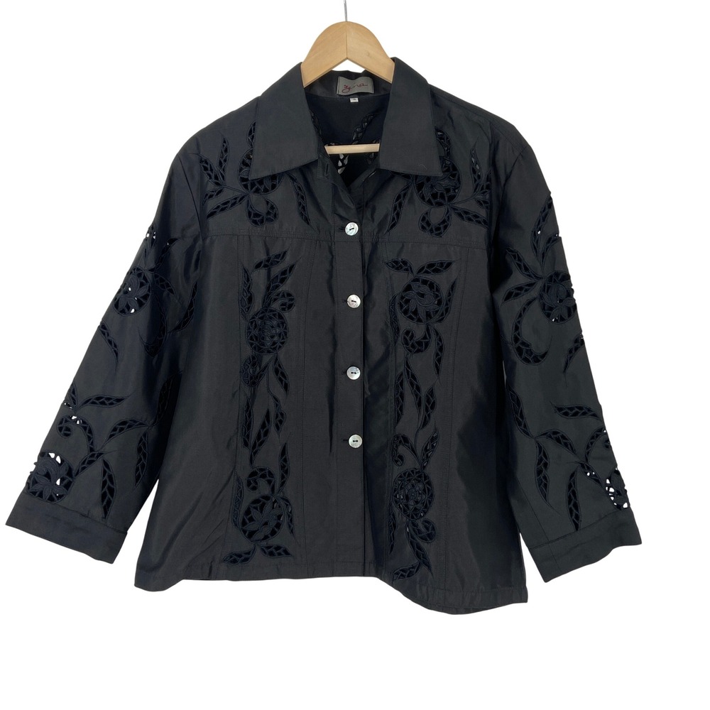 Zena Beverly Hills Black Silk Embroidered Cutout Jacket Women Size 3 L/XL - Picture 1 of 9
